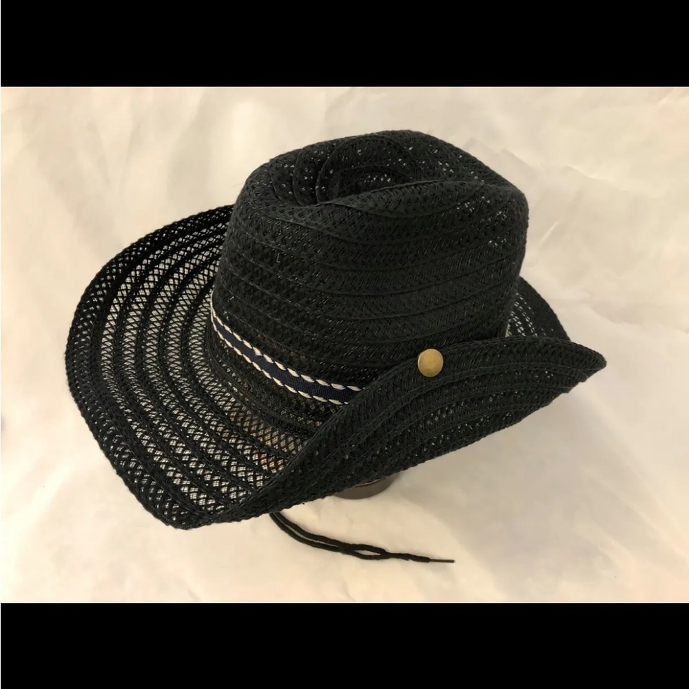 Stylish Button Up Side Size 23" Black Faux Straw Hat w/White Trim